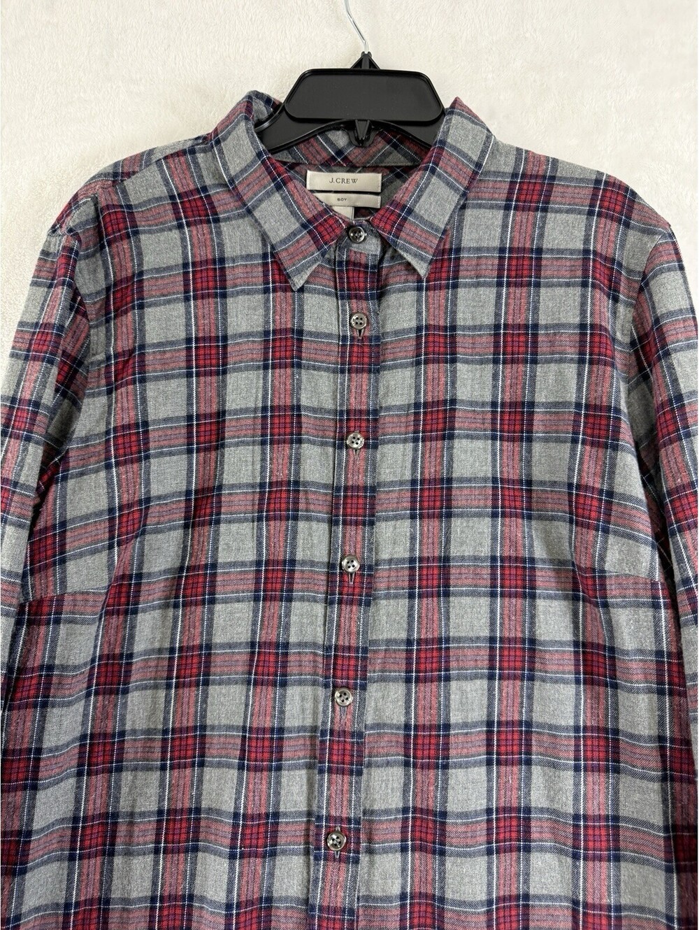 J Crew Flannel Shirt Womens 12 Boy Long Sleeve Gray Red Plaid Button Up Top